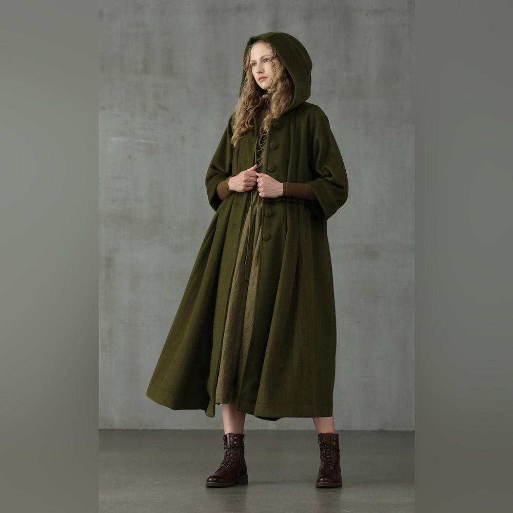 NWT Linennaive Academy 06 Hooded Wool Coat Jacket Moss Green